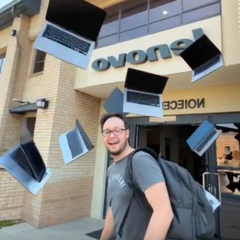 Laptops flying out of a building on their own. Generated with Grok (Image source: Notebookcheck - Darryl Linington)