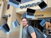 Laptops flying out of a building on their own. Generated with Grok (Image source: Notebookcheck - Darryl Linington)
