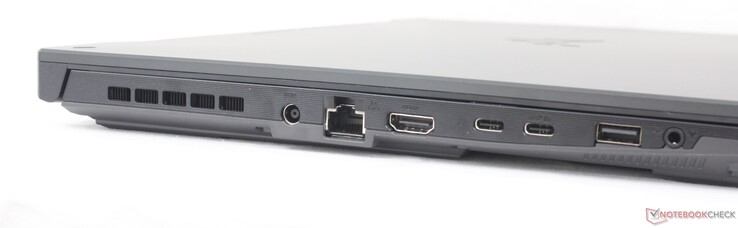 Left: AC adapter, Gigabit RJ-45, HDMI 2.1, 1x USB-C 3.2 Gen. 2 w/ DisplayPort + Power Delivery + G-Sync, 1x USB-C 4.0, 1x USB-A 3.2 Gen. 1, 3.5 mm headset