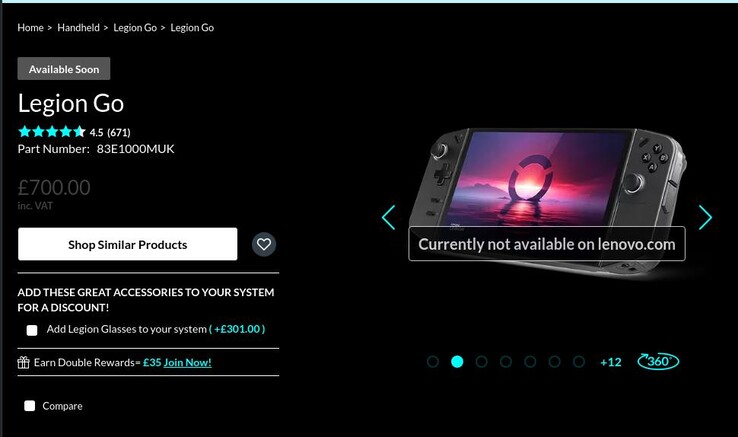 Visitors of several Lenovo sites across Europe are greeted by this "Currently not available on lenovo.com" message when visiting the Legion Go product page. (Image source: Lenovo UK)