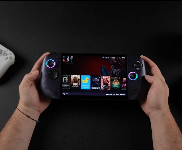 Lenovo Legion Go S handheld with SteamOS interface showing multiple games (Image source: ETA PRIME via YouTube)