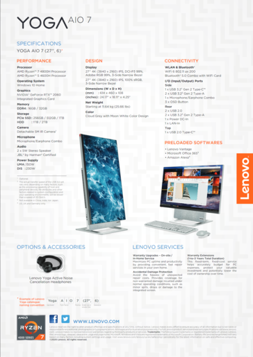 Lenovo Yoga AIO 7 - Specifications. (Source: Lenovo)
