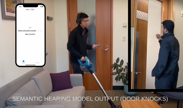 UofW AI semantic hearing allows only specifc sounds through such as a knock. (Image source: Paul G. Allen School at YouTube)
