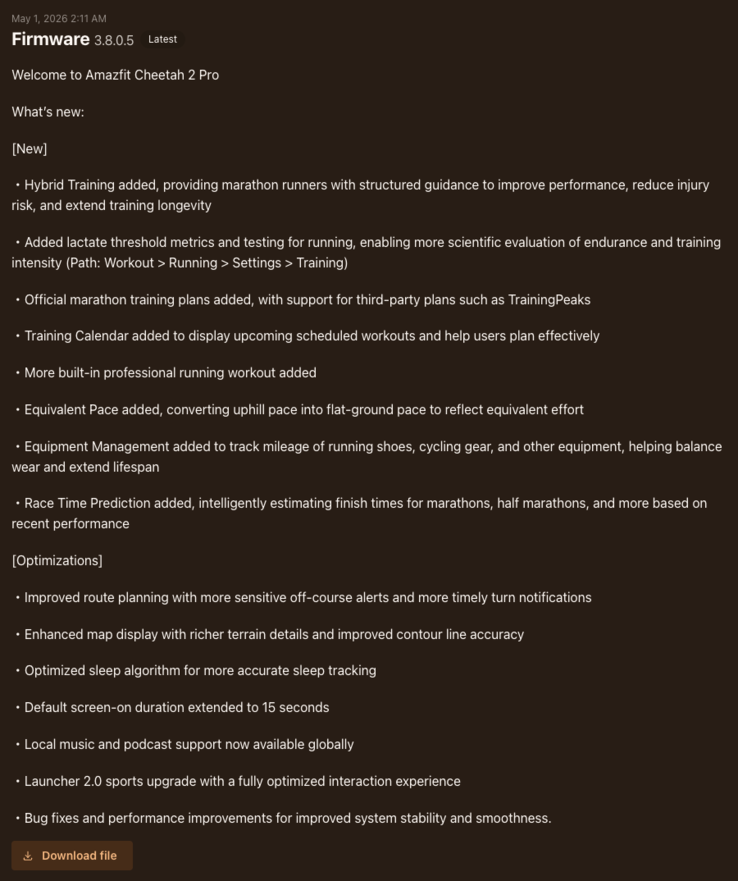 The change log for firmware version 3.8.0.5 for the Amazfit Cheetah 2 Pro smartwatch