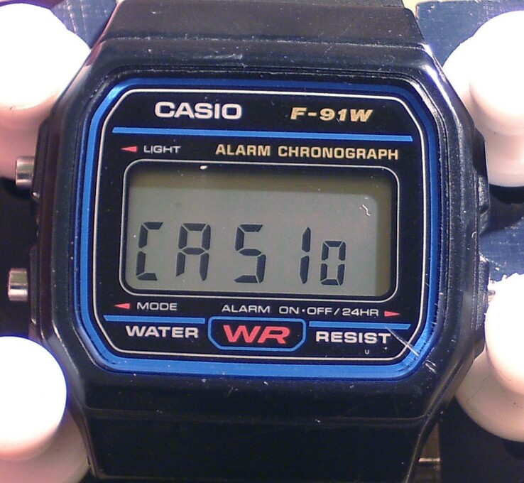 The 'Casio' text pops up on the display when you hold down on the lower-right button of the Casio F-91W. (Image source: Wikimedia)