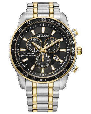 Citizen Classic Eco-Drive chronograph with a black dial, two-tone 44mm stainless-steel case and bracelet, tachymeter bezel, three subdials, and date window.