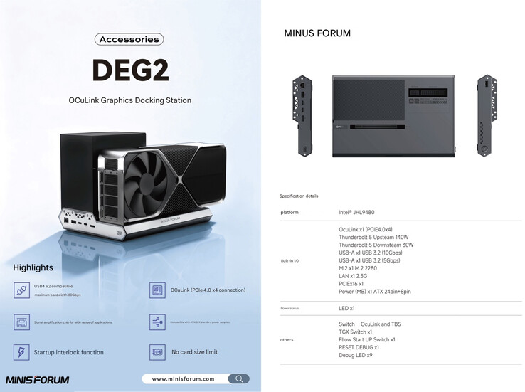 The core specs of the DEG2 eGPU dock (Image source: Minisforum - machine translated)