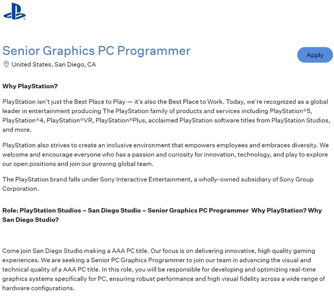 Sony San Diego Studio job ad is shown (Image source: screenshot, Greenhouse)