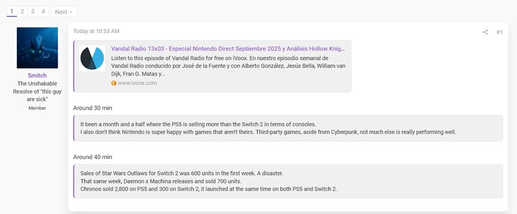 Switch 2 and PS5 console sales in Spain from Vandal podcast (Image source: screenshot, Smitch@ResetEra forums)
