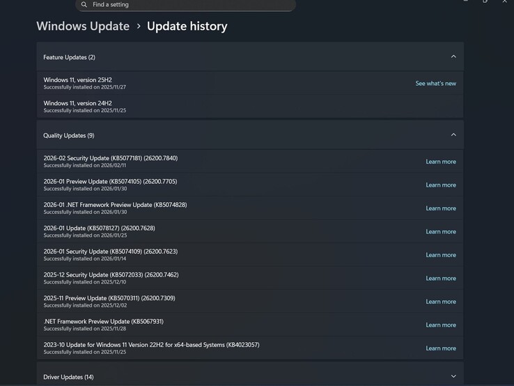 Windows update history on the Lenovo LOQ 16IRH8