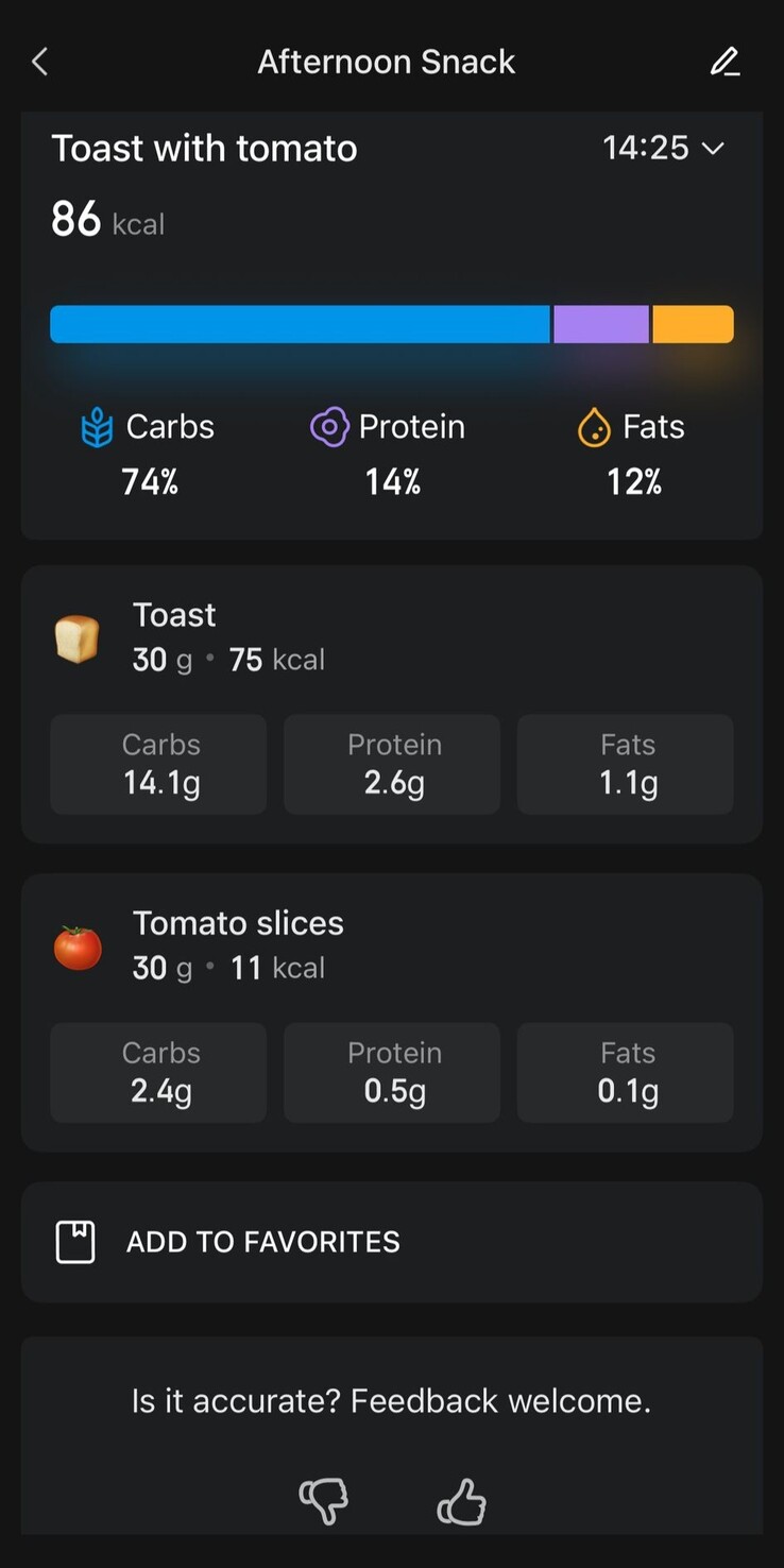 A screenshot of the updated Food Log feature in the Zepp App. (Image source: Zepp App)