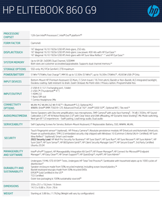 HP EliteBook 860 G9 - Specifications. (Source: HP)