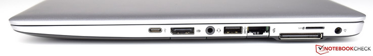 Right: USB Type-C, DisplayPort, SD-card reader, 3.5-mm audio, USB 3.0, RJ-45, docking port, Micro-SIM, power