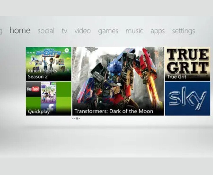 A screenshot of the Xbox 360 dashboard showcasing the Metro UI layout, with prominent ad tiles for Transformers: Dark of the Moon, True Grit, and Sky. Other tiles highlight Kinect Sports Season 2 and YouTube/Facebook Quickplay apps. (Image source: Microsoft (Xbox 360 UI screenshot via promotional media)