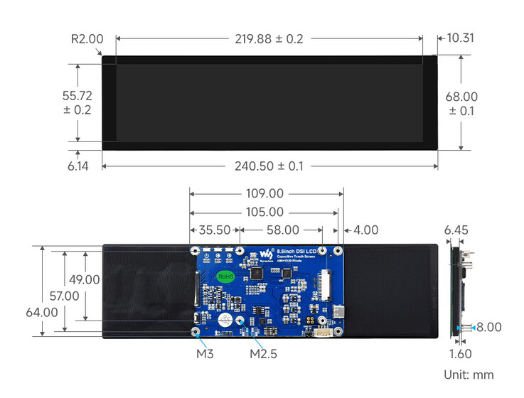 Dimensional drawings showing the front, rear, and side profiles of the 480 x 1920 panel