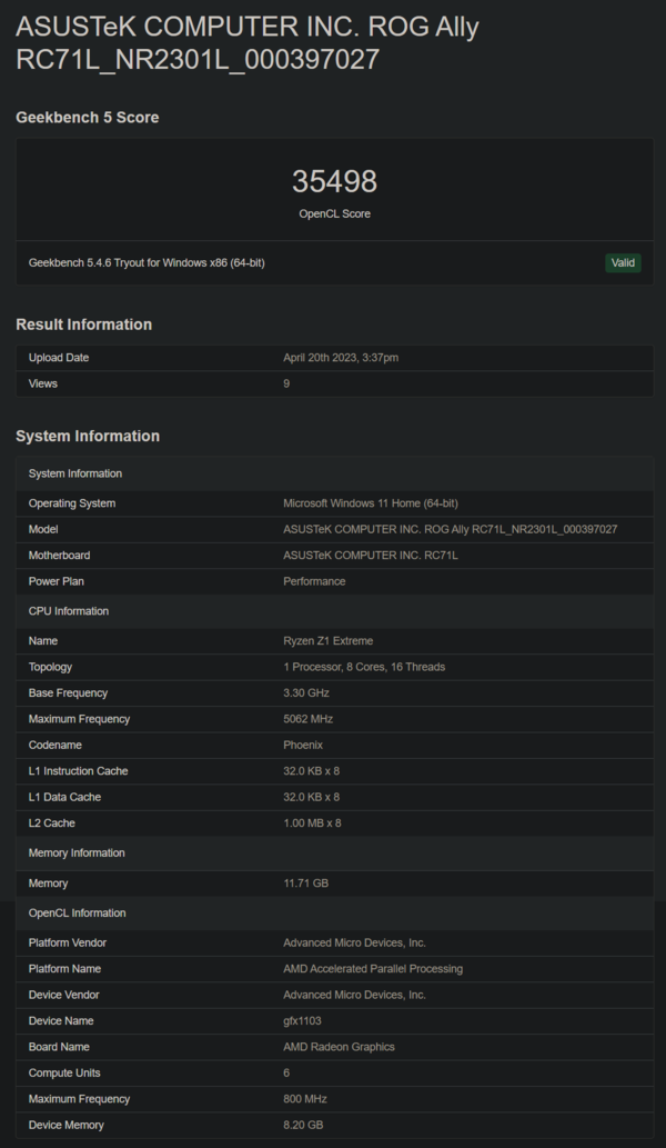 Asus ROG Ally on Geekbench (image via Geekbench)