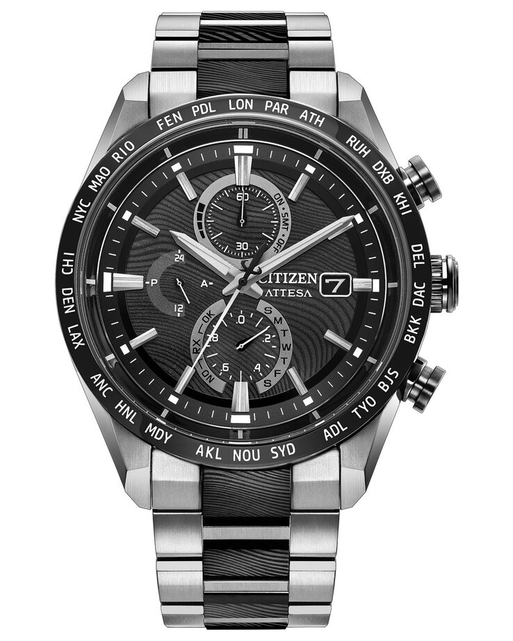 The dial highlights include applied markers, triple subdials, and global time zone markings around the bezel.