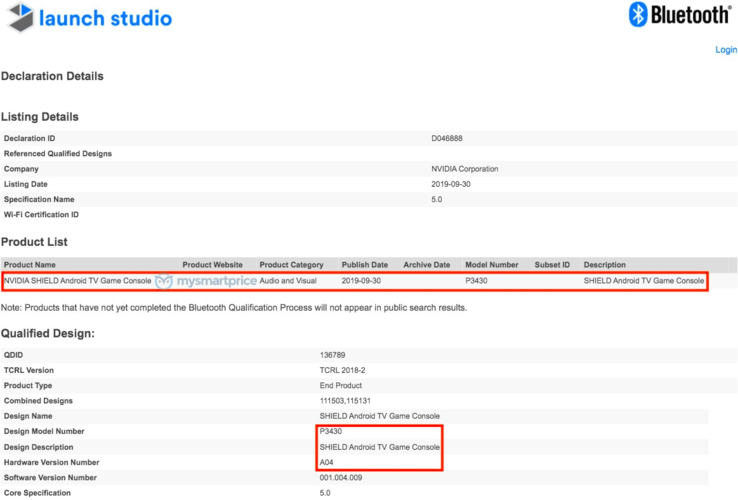 The 'new' NVIDIA SHIELD TV's Bluetooth SIG approval. (Source: MySmartPrice)