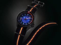The Seiko 5 Sports x Bamford Limited Edition watch (pictured) has a teal dial accented by bold orange, blue, and white elements on both the face and the nylon strap. (Image source: Seiko)