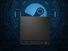 Valve Steam Machine seen in front of Steam logo