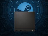 Valve Steam Machine seen in front of Steam logo