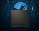 Valve Steam Machine seen in front of Steam logo