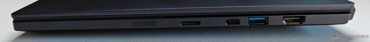 Right: microSD card reader, USB-C 4.0 with Thunderbolt 4 (40 Gbit/s, DisplayPort ALT mode, Power Delivery), USB-A 3.2 Gen.1 (5 Gbit/s), HDMI 2.1