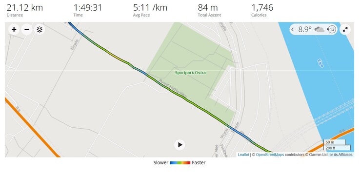 Even when running straight, there are usually some deviations, even though these might not be that relevant. What can be seen here is a more consistent (color-coded) speed. (Image source: Silvio Werner)