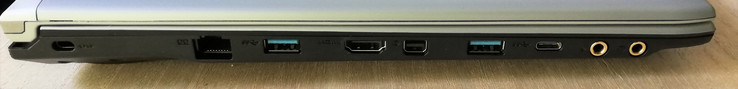 Left side: Kensington lock, Gigabit LAN, 1x USB 3.0, HDMI, Mini DisplayPort, 1x USB 3.0, 1x USB 3.0 Type-C, microphone, headphones