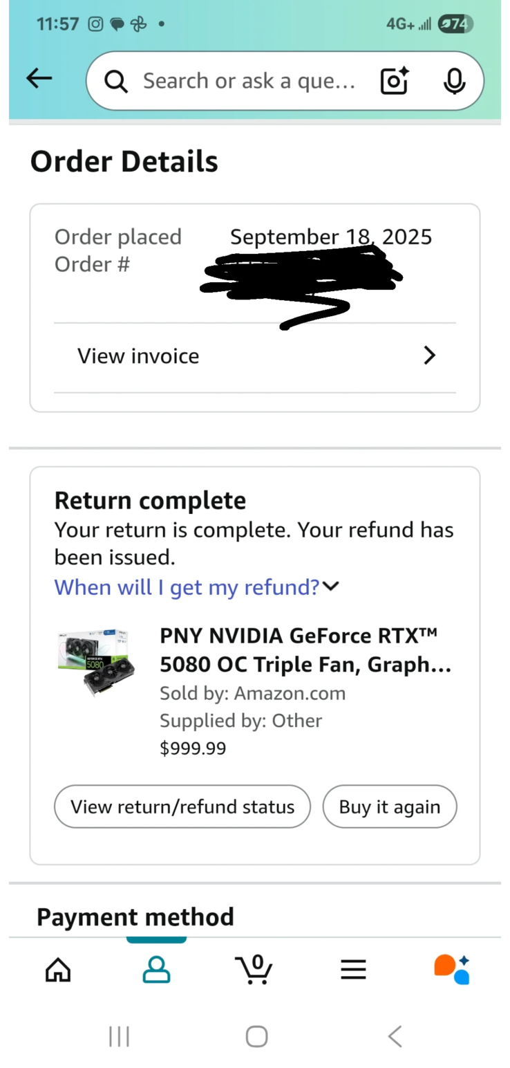 A screenshot of the now-successful Amazon return (image source: r/pcmasterrace)