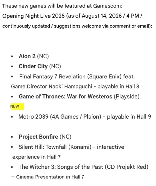 Gamescom 2026 schedule with Final Fantasy 7 Revelation playable demo