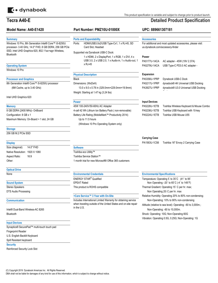 Specifications sheet (Source: Dynabook)