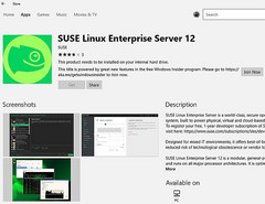 SUSE Linux Enterprise Server 12 page in Windows Store, only available for members of the Windows Insider program 