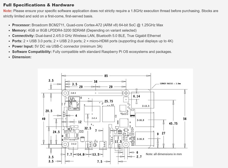Specs of the binned Pi 4 Model B