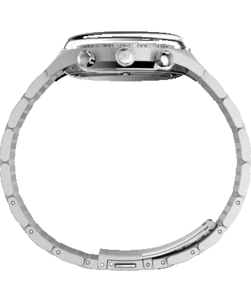 Side view of the Timex Marlin Jet Chronograph showing its large domed Hesalite crystal, tachymeter bezel, stainless-steel case, crown, and chronograph pushers.