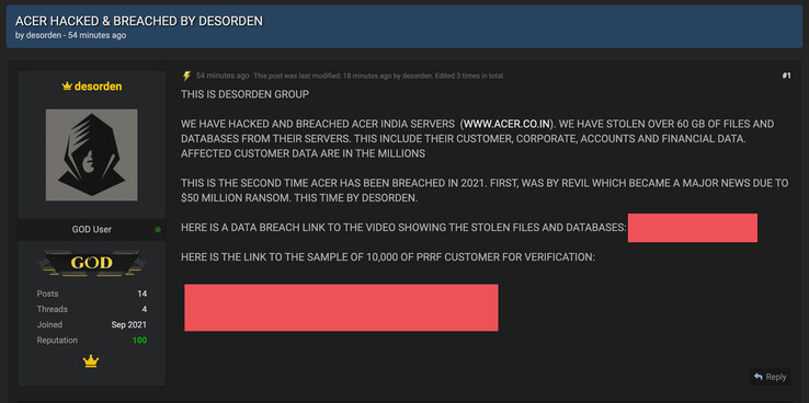 Desorden group claiming responsibility for hacking Acer India's servers. (Image Source: Privacy Affairs)