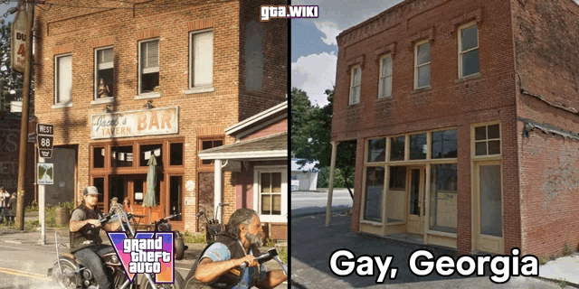 A comparison of a building from GTA 6 with its apparent real-world counterpart in Gay, Georgia. (Image source: Reddit)