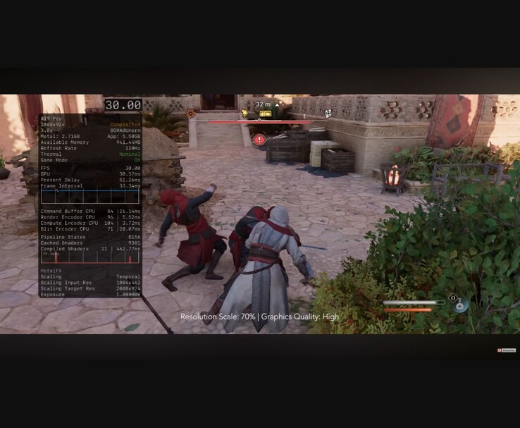 Assassin’s Creed Mirage gameplay running on iPhone 17 Pro Max with A19 Pro chip, displaying 30 FPS cap, high graphics preset, and MetalFX temporal upscaling. (MrMacRight via YouTube)