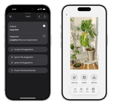 A grammar checker (left) might be one of a number of new AI-powered writing features Apple has planned, while the Photos app is set to become more competitive with AI-powered editing options.