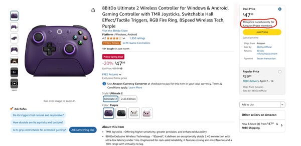 The deal on the 8BitDo Ultimate 2 Wireless Controller is exclusive to Amazon Prime members. (Image source: Amazon)