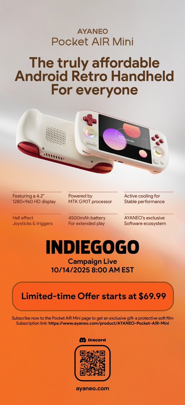The Ayaneo Pocket Air Mini will be available to order via Indiegogo. (Image source: Ayaneo)
