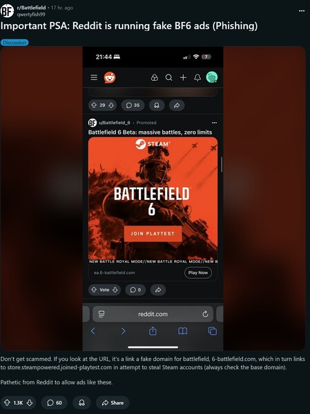 Battlefield 6 Reddit ad scam is shown (Image source: screenshot, Battlefield subreddit)