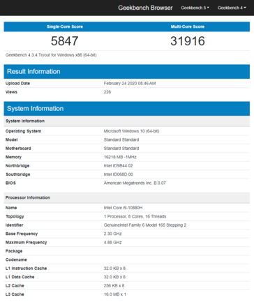 Core i9-10880H Geekbench listing - 1. (Source: Geekbench)