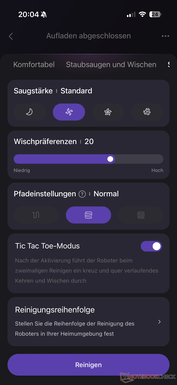 Settings for the cleaning performance