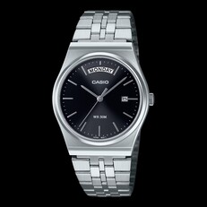 Casio MTP-B146D-1AV stainless steel watch with a black sunburst dial and silver bracelet,