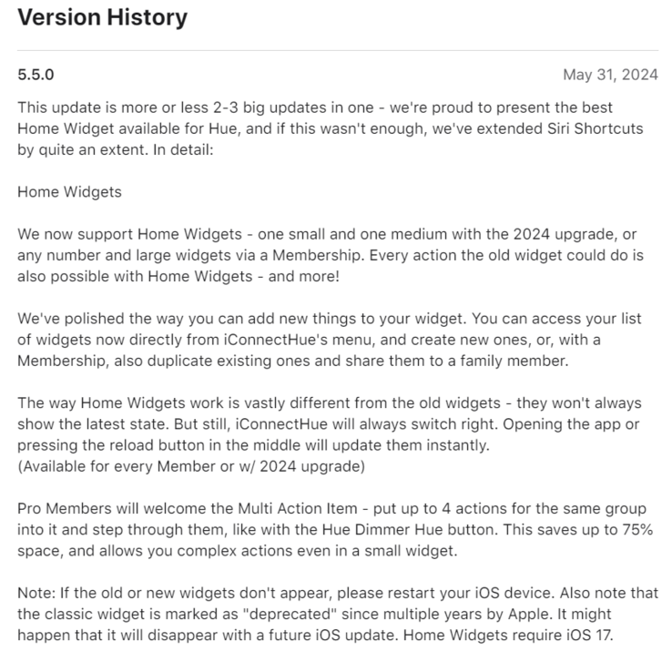 The release notes for Version 5.5.0 of the iConnectHue for Philips Hue app. (Image source: App Store)