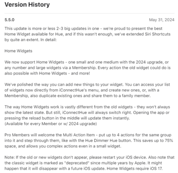 The release notes for Version 5.5.0 of the iConnectHue for Philips Hue app. (Image source: App Store)