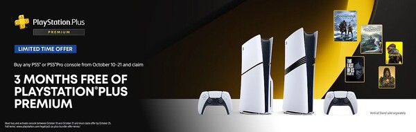 Buyers who buy and activate a PS5 Pro or PS5 between now and October 21 will get 3 months of PlayStation Plus Premium. (Image source: PlayStation)