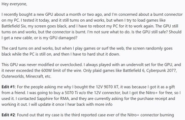 Sapphire Nitro RX 9070 XT 12VHPWR connector failure. (Image source: r/pcmasterrace on Reddit)