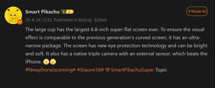 Smart Pikachu's report on the Xiaomi 16 Pro (Image source: Weibo - machine translated)